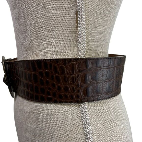 Crocodile Embossed Wide Leather Belt Brass Tone Buckle Brown  display picture 1